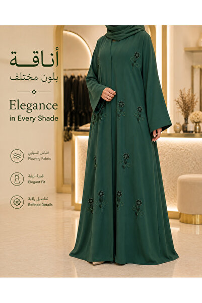 SEEKING2001 Luxurious Emerald Green Abaya with Floral Beading and Crystal Emb...