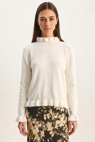Generic Brand Women's Ruffle Collar Detailed Knitwear Bone Sweater