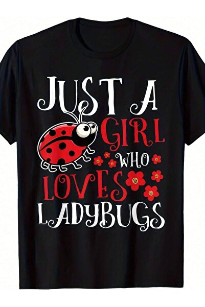 k222 Vintage Ladybug Print T-Shirt, Printed With The Text 'Just A Girl Who Lo...