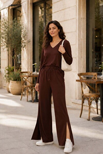 Mossta Pants with Slits and V-Neck Blouse Set - Brown