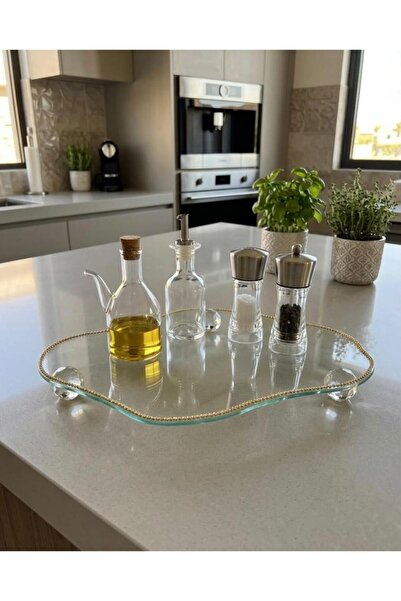 Mirsa Global Decorative Glass Presentation Tray with Chain Decoration Crystal...