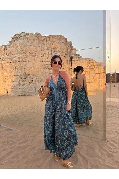 sinem kıvanç BOYUNDAN BAĞLAMALI DESENLİ UZUN ELBİSE