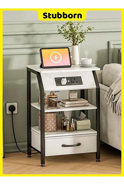 Stubborn Nightstands with Power Strip, Bedside Table with Drawer, Sofa Side T...