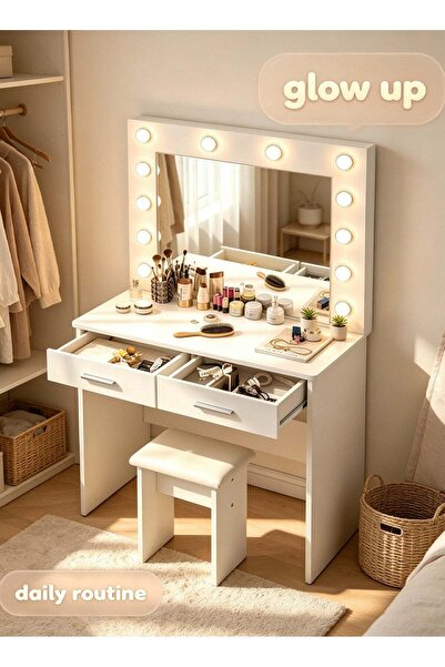 Generic Dressing Table with LED Lights, Makeup Vanity Desk with Mirror & Cush...
