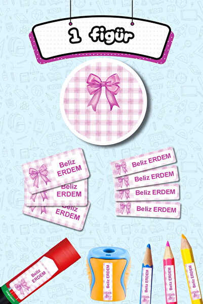 Sticker Ekspres Okul Etiketi Lila Kurdeleli Ekose Kalem Defter Etiketi Özel İsim Yazılabilen Etiket 245 Adet İsim Etiketi