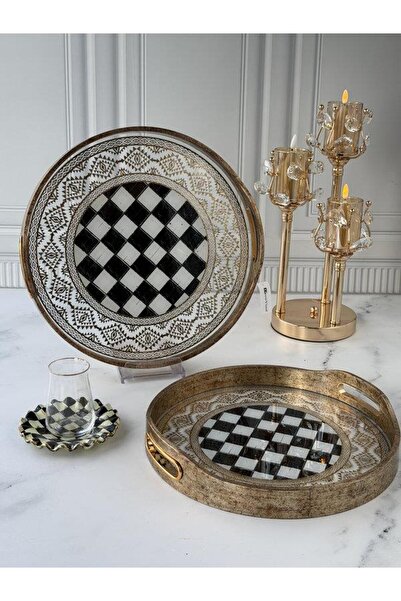 ROSSEV Antique Wood Look Glass Tray 2-Piece Checkerboard