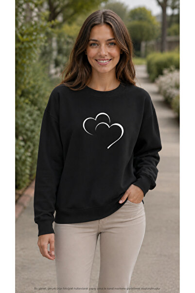 caddekombin Women's Double Heart Printed Round Neck Long Sleeve Sweatshirt
