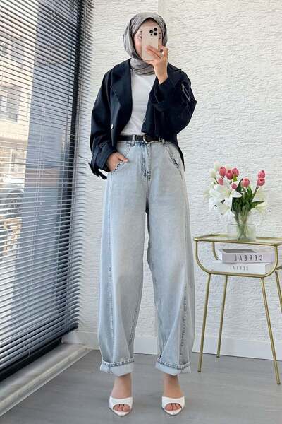 MELEK ARAZ Premium Shalwar Cut Drop Crotch Jean Trousers - Light Blue