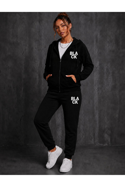 CLOTHES33 Set de trening HIRKA din 2 piese, de iarnă, negru cu imprimeu, mode...