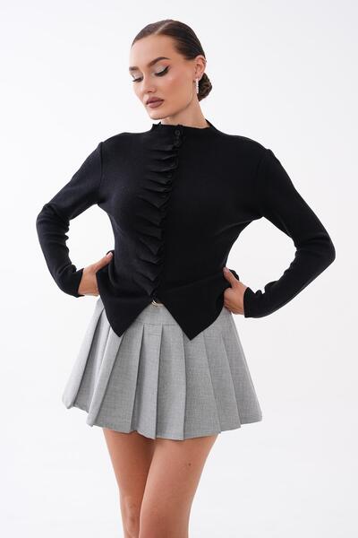 ŞİMAL Women's Stand Collar Front Ruffle Detailed Button Closure Knitwear Card...
