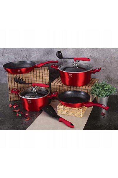 Berlinger Haus Vas de gătit tradițional cu capac 8L, linie metalică bordo BH-...