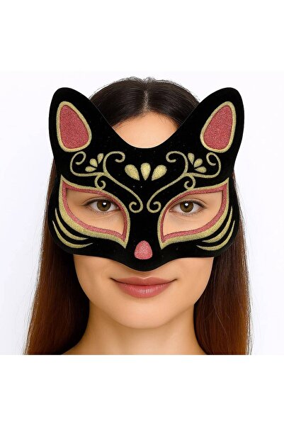 pınaxar Black Color Suede Coated Cat Mask with Red Yellow Glitter 17X14 cm