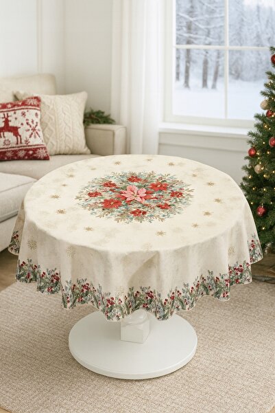 NO BRAND Față de masă rotundă tip tapiserie, cu stea de Crăciun, 140cm