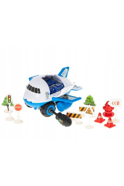 Ikonka AVION DE ASAMBLARE ȘI DEZASAMBLARE, TRANSPORTOR, SET DE 4 MAȘINI DE PO...