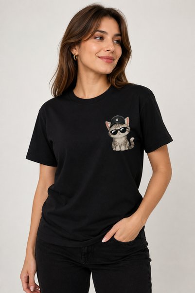 MultiTrendy Black Cat Printed T-Shirt Women Men 100% Cotton Basic T-Shirt with Cute Cat Design with Sunglasses