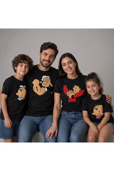 TİMİSİVA Black Family T-Shirt with Cartoon Character Print for Mom, Dad, Boy,...