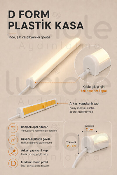 luciole 220V Günışığı LED Bar 50 cm Fişli Anahtarlı Yapışkanlı Tezgah Altı Dolap İçi Aydınlatma