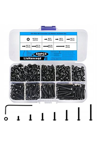 Element Set șuruburi M3 520 bucăți Șuruburi și piulițe negre cu cap cupă