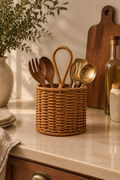NATUREL DEKOR Rattan Look 3-Compartment Round Spoon Holder 16X11 cm - Bohemia...