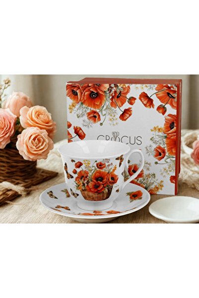 Duo Set de 6 cești cu farfurioare retro, cu model cu coșuri de flori și mac, ...