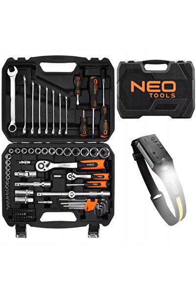 NEO Tools Set de chei tubulare NEO 100 piese 1/2 1/4 + Lanternă frontală reîn...