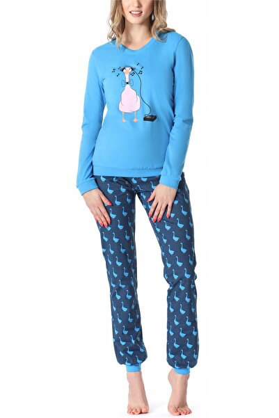 NO BRAND Pijama de damă din bumbac, cu mâneci lungi, MS-167, albastru, mărimea S