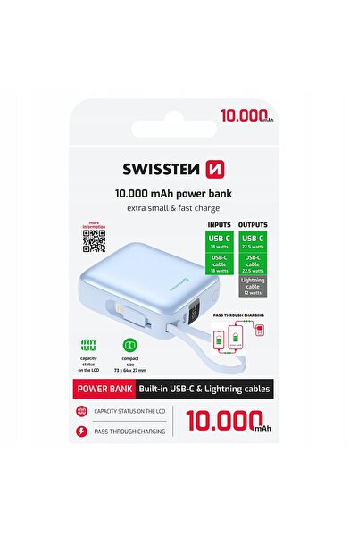 NO BRAND Baterie externă cu afișaj albastru 10000mAh cablu USB-C Lightning PD...