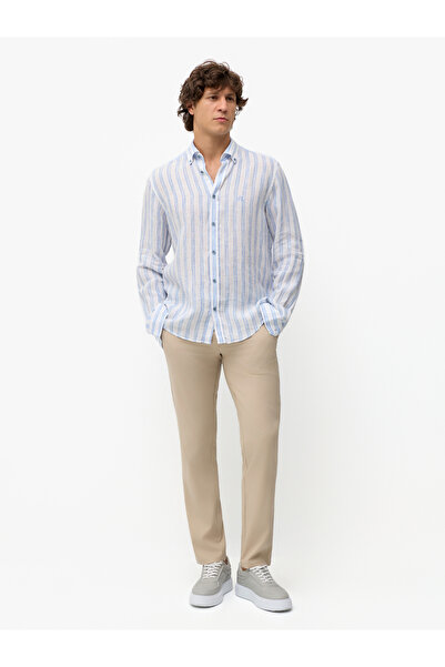 Karaca Mavi Çizgi Desenli Modern Fit Keten Gömlek