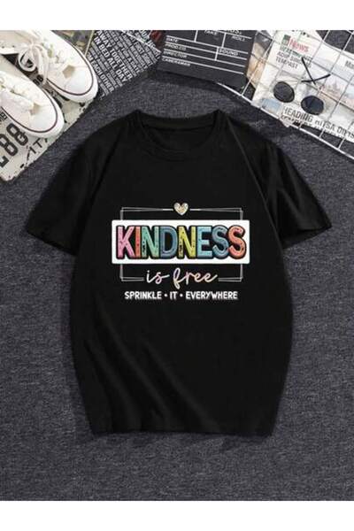 25W تي شيرت نسائي صيفي عصري بطباعة ملونة بعبارة 'KINDNESS' وتصميم شعار 'SPRIN...