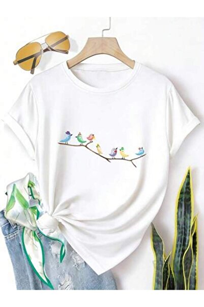 k222 Plus Size Women'S Casual Neck T-Shirt Colorful Birds On Branch Printed -...