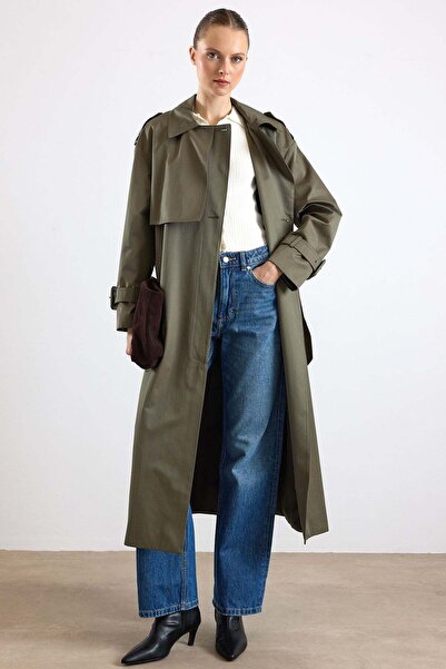 Olcay Oversized Trench Coat with Buckle Accessories and Water Repellent Featu...