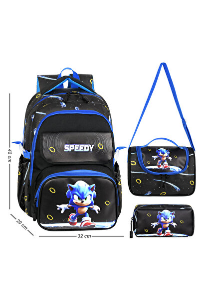 Waddell Black-Blue Sonic Leather Printed Themed Elementary School Backpack wi...