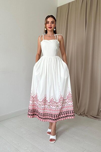 Generic Brand White Print Detailed Strappy Dress