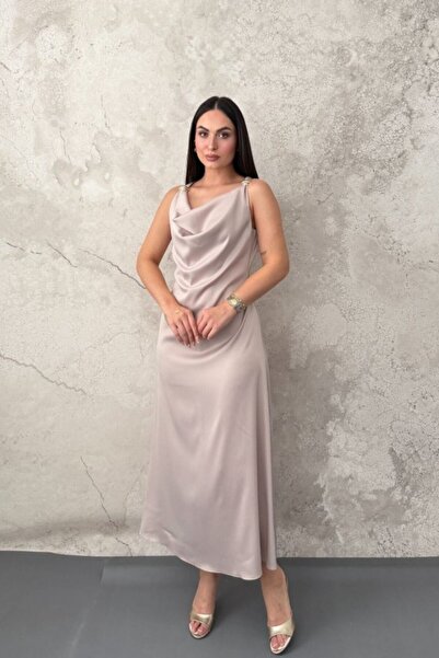 ELBEE Stone Satin Degaje Collar Shoulder Buckle Dress