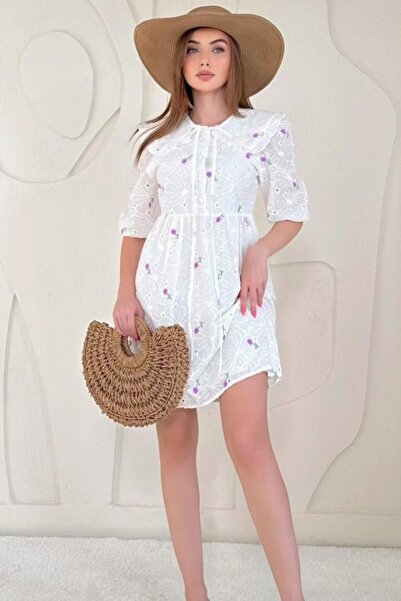 Elbee Fashion Woman Lilac Baby Collared Embroidered Dress