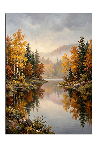 Artmeg Pânză decorativă cu reflexie a pădurii cețoase în lacul de toamnă - Ta...