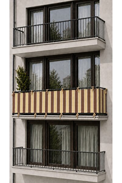 SHY TEKSTİL Brown Cream 4-Sided Lace-Up Balcony Iron Curtain, Durable Outdoor...