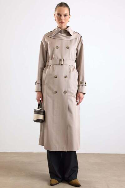 Olcay Detachable Scarf Water-Repellent Trench Coat Taş 6887