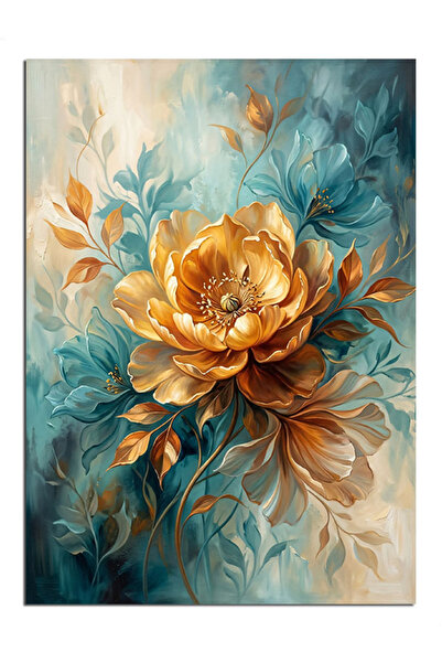 Artmeg Pânză decorativă cu floare de bujor auriu pe fundal turcoaz - tablou d...