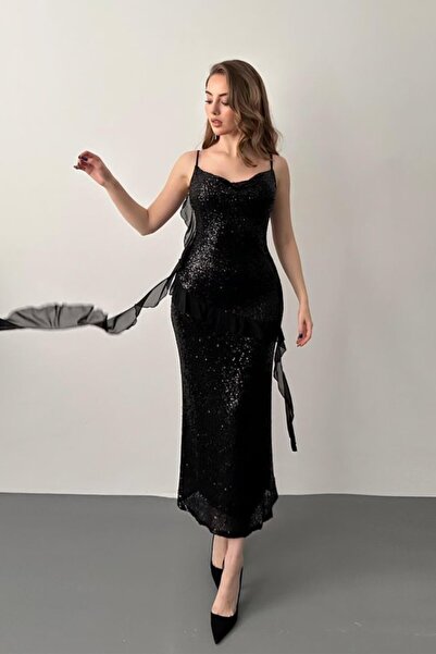 Elbee Fashion Woman Μαύρο φόρεμα με παγιέτες και βολάν από σιφόν