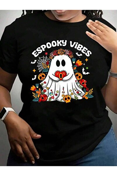 kai22 تي شيرت نسائي بطباعة جرافيكية سوداء من Espooky Floral Ghost Mexican Day...