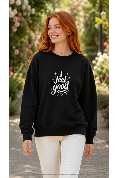 caddekombin Women's I Feel Good Written Round Neck Long Sleeve Sweatshirt