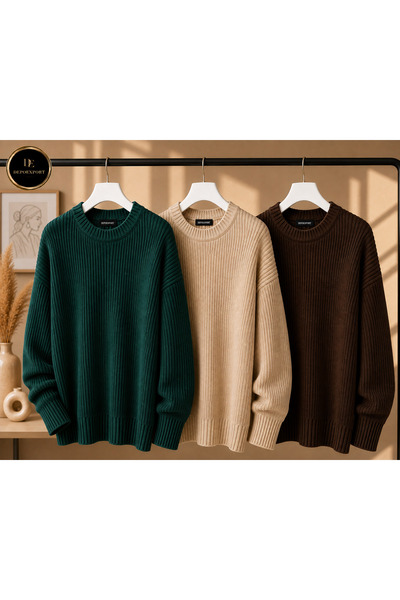 DepoExport Women's 3-Piece Crew Neck Oversize Knitwear Sweater Soft Knitted S...