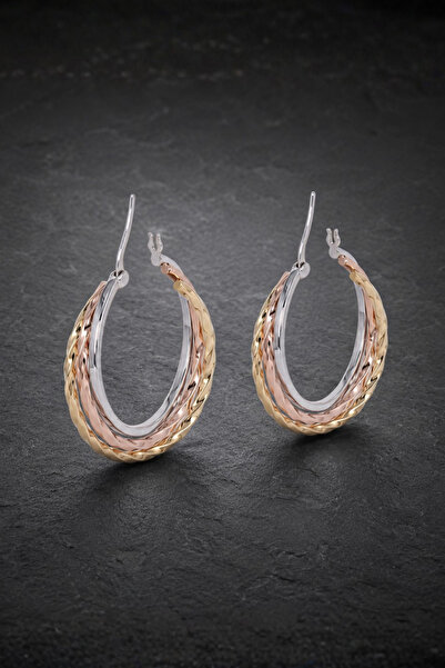 925 Ayar Gümüş Altın ve Rose Gold Kaplama Detaylı Üç Renk Burgu Halka Küpe - Trinity Twist