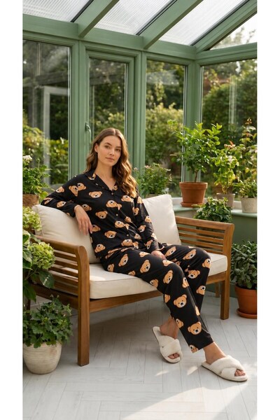 Mia Homewear KADIN SÜET SİYAH AYICIK BASKILI UZUN KOLLU PİJAMA TAKIMI.