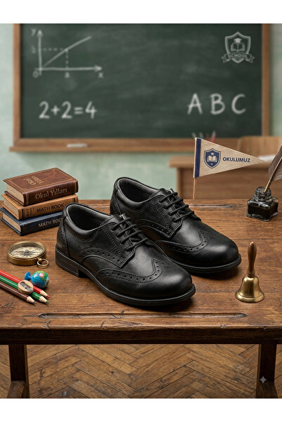 nuh kids Black Matte Rubber Laced Classic Boys' School Shoes