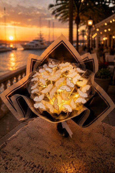 Sole LED Işıklı Gold Kelebek Buketi – Çok Renkli Kelebekli Çiçek Buketi, Sevg...