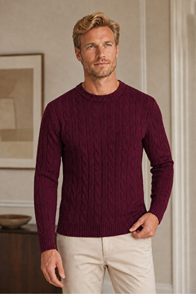 TRQOM Men's Round Neck Long Sleeve Hair Braided Timeless Classic Casual Burgu...