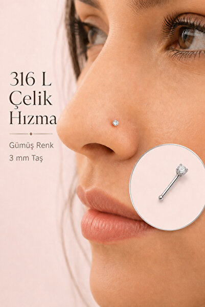 moonzy - minimalist & cozy 316L Çelik Tektaş Zirkon Burun Hızması 3 mm Taş Çe...