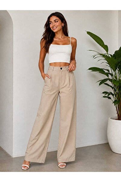 GİYİYORUM Women's High Waist Wide-Leg Pants/Classic Cut with Pockets